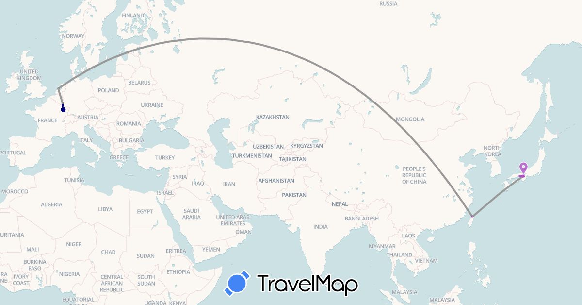 TravelMap itinerary: driving, plane, train, motorbike in France, Japan, Luxembourg, Netherlands, Taiwan (Asia, Europe)